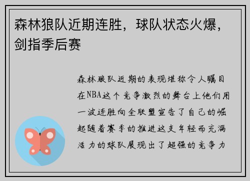 森林狼队近期连胜，球队状态火爆，剑指季后赛